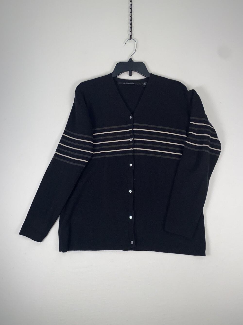 Isda & Co Cardigan Sweater Womens Large Black Striped Long Sleeve Button Knit